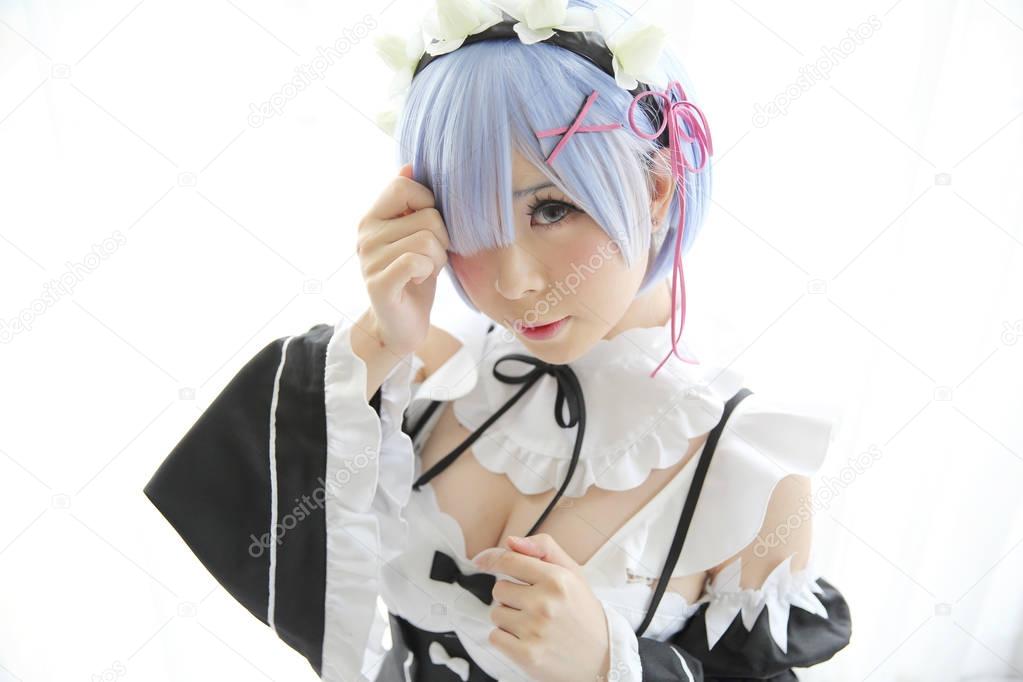 Japan anime cosplay girl , Ram re zero , in white tone