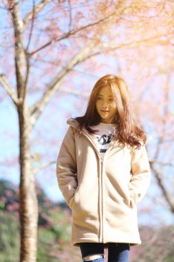 Kiraz çiçeği doğa arka plan ile Asyalı kadın