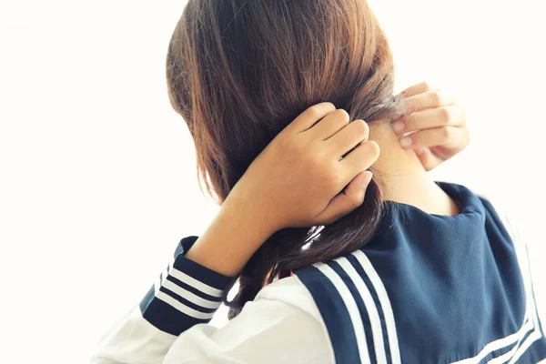 Uma Menina Escola Asiática Vestir Tom Branco Flare — Fotografia de Stock