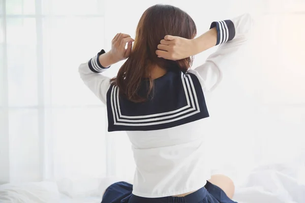 Een Aziatische School Meisje Kleden Zich Wit Toon Flare — Stockfoto