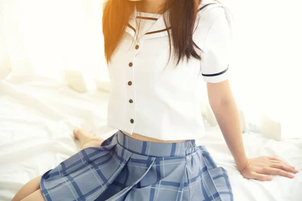 Asian girl wake up in bedroom — Stock Photo, Image