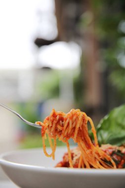 Spagetti domates sosu ve ahşap, İtalyan pa üzerinde taze fesleğen ile