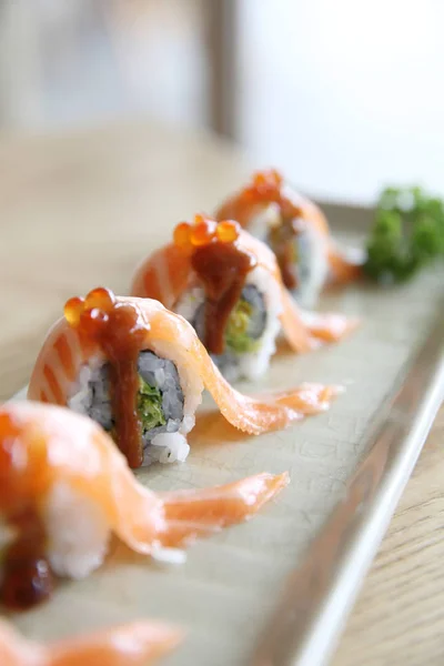 Japanese food Salmon roll on wood background — Stock Photo, Image