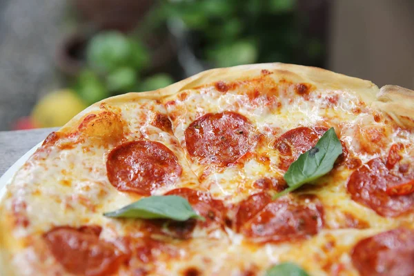 Pizza pepperoni em fundo de madeira — Fotografia de Stock