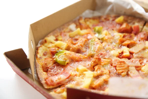 pizza , chicken green pepper pineapple in box isolated in white
