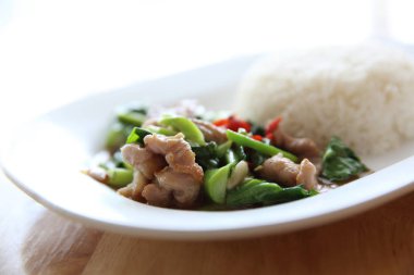 Çince lahana ve ahşap arka plan, Tayland pirinç kızarmış domuz eti 