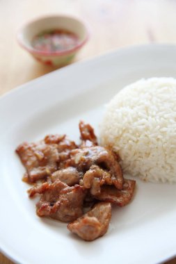 sarımsak ve ahşap zemin, Tayland yemekleri üzerine pirinç kızarmış domuz eti