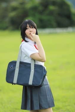 Japon okulda çim dağ ve ağaç ile kırsal 