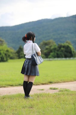 Japon okulda çim dağ ve ağaç ile kırsal 