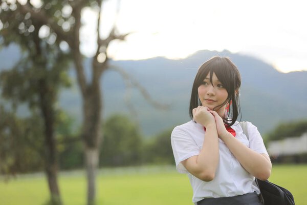 Japanese school in countryside with grass mountain and tree 