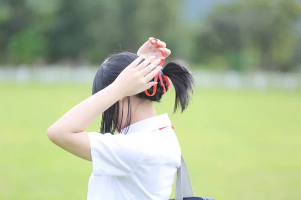 Ecole japonaise à la campagne avec herbe montagne et arbre — Photo