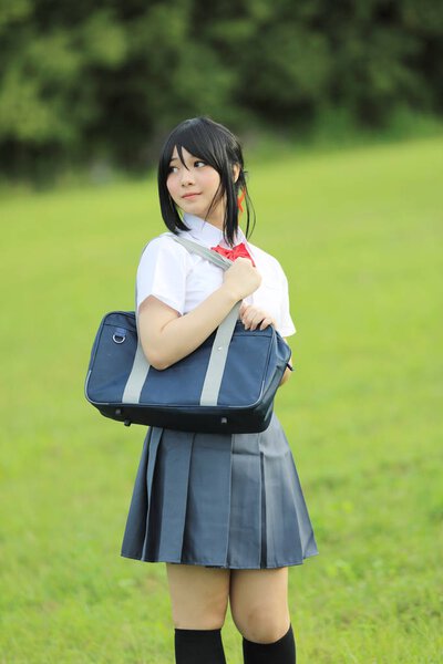 Japanese school in countryside with grass mountain and tree 