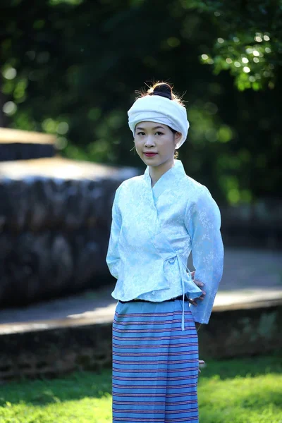 Portrait of thai young woman with traditional thai dress in thai — Stock Photo, Image