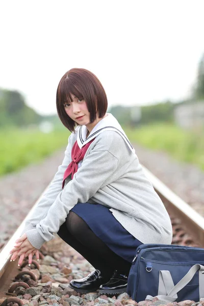Portrait Japanese School Girl Countryside Park — Stock Photo, Image