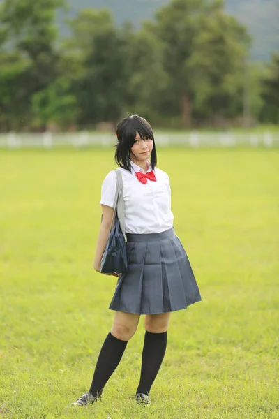 Japanese School Countryside Grass Mountain Tree — Stock Photo, Image