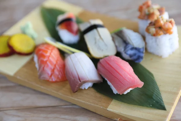 Sushi Set Nigiri Sushi Rolls Wood Background — Stock Photo, Image