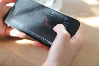 Kadın el cep telefonu kahvehane backgr tarih ile hisse senedi Alım Satım