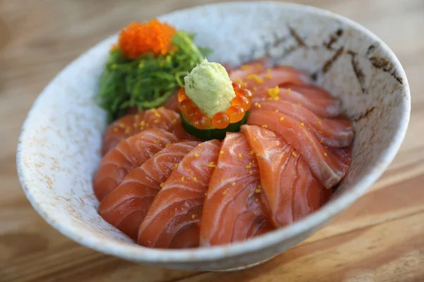 Salmon sushi don on wood background , Japanese food — Stock Photo, Image