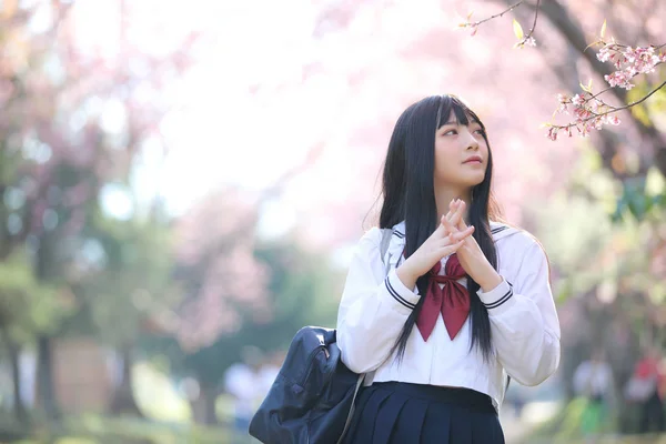 Japanse school meisjeskleding met sakura bloem natuur loopbrug — Stockfoto