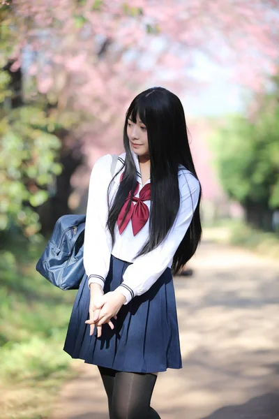 Japanska Skolflicka dress med sakura blomma natur gångväg — Stockfoto