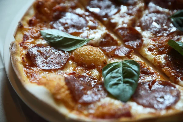Hot Pepperoni Pizza in dish , Italian food — Stock Photo, Image