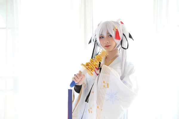 Japan Anime Cosplay White Japanese Miko White Tone Room — Stock Photo, Image