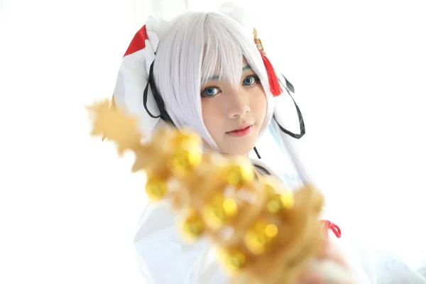 Japan Anime Cosplay Witte Japanse Miko Witte Toon Kamer — Stockfoto