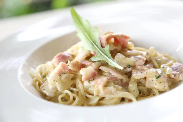 Spaghetti Carbonara White Sauce Bacon Cheese — Stock Photo, Image