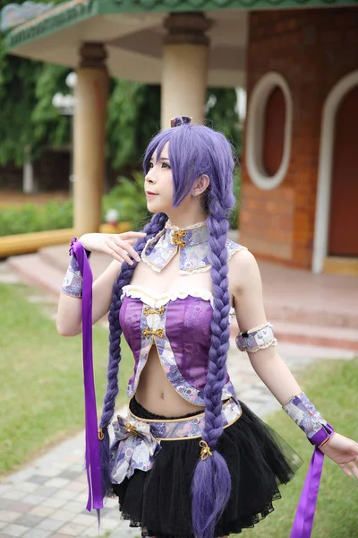 Portrait Asian Young Woman Dancing Purple Chinese Dress Cosplay Temple — Stock Photo, Image