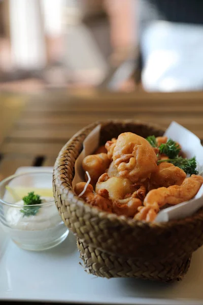 Calamari Rings Fried Squid Wood Background Italian Food — Stock Photo, Image