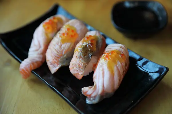 Grilled Salmon Sushi Wood Background — Stock Photo, Image