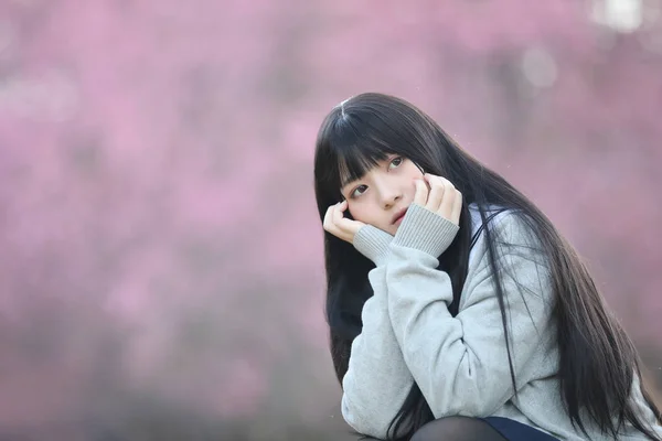 Japonés Escuela Chica Vestido Sentado Con Sakura Flor Naturaleza Pasarela —  Fotos de Stock