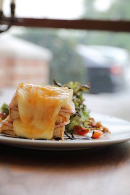 Peynirli sandviç salata ahşap arka plan üzerinde