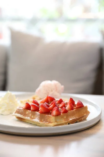 Strawberry waffle with ice cream , dessert on wood background — Stock Photo, Image