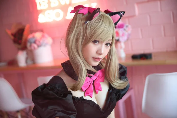 Japan anime cosplay , portrait of girl cosplay in pink room back — Stock Photo, Image