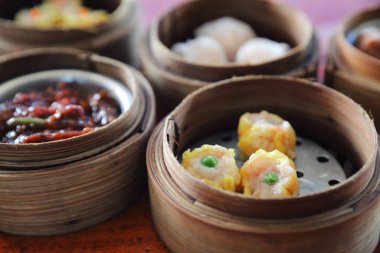 Dim sum , Ahşap sepet Çin gıda Buharlı Köfte 