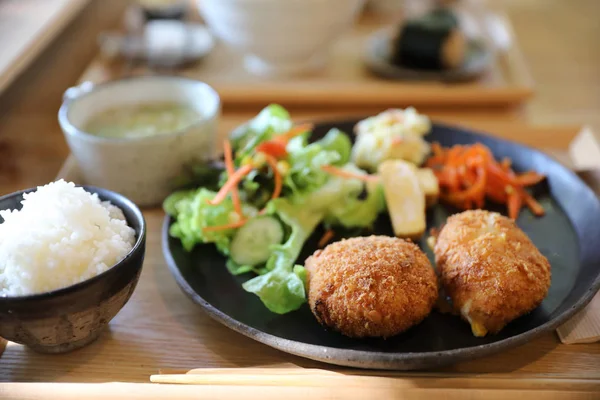 Beef Croquette with rice and salad japanese style Korokke on woo — Stock Photo, Image