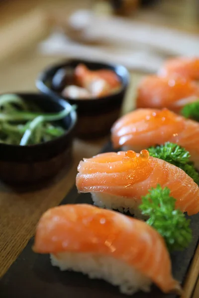 Salmon Sushi with soup salad Japanese local food — Stock Photo, Image