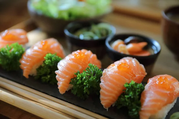 Salmon Sushi with soup salad Japanese local food — Stock Photo, Image