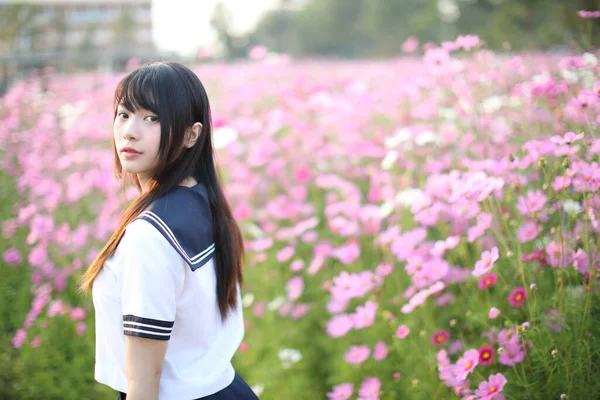 Portret Japońskiej Dziewczyny Mundurze Różowym Kwiatem Kosmosu — Zdjęcie stockowe