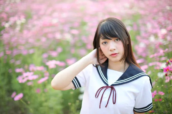 Portrait Japanese School Girl Uniform Pink Cosmos Flower — Stock Photo, Image