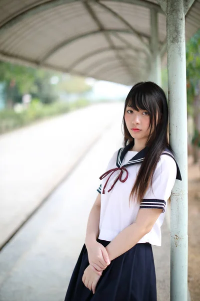 Asian School Girl Sitting Outdoor Background — Stock Photo, Image