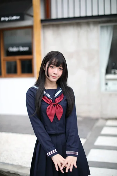 Portrait Japanese School Girl Downtown Ice Cream Shop — Stock Photo, Image