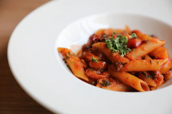 Penne Arrabiata Pasta Tomato Sauce Spices Italian Food Wood Background — Stock Photo, Image