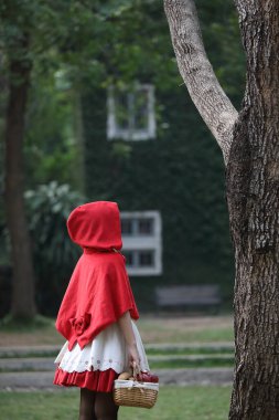 Yeşil ağaç parkı arka planda sepet üzerinde elma ve ekmek ile Kırmızı Başlıklı Kız kostümü ile Portre genç kadın