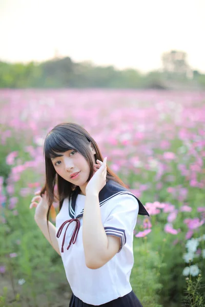 Portrait Japanese School Girl Uniform Pink Cosmos Flower — Stock Photo, Image