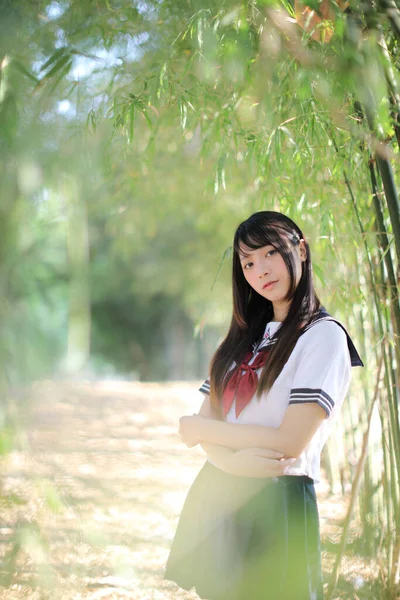 Portrait Beautiful Asian Japanese High School Girl Uniform Looking Bamboo — Stok Foto