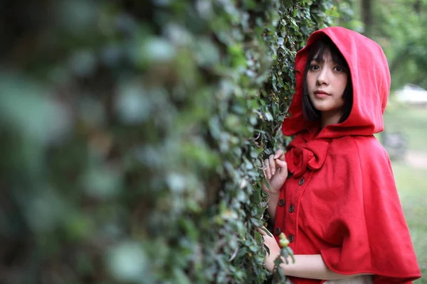 Portret Jonge Vrouw Met Kleine Rode Riding Hood Kostuum Met — Stockfoto