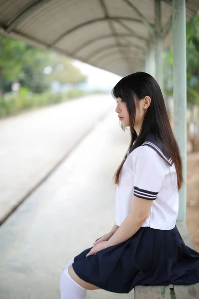 Asian School Girl Sitting Outdoor Background — Stock Photo, Image