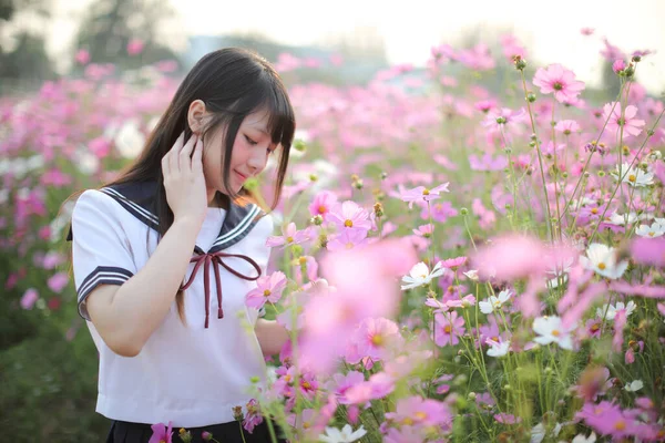 粉红宇宙花日本女校服肖像 — 图库照片